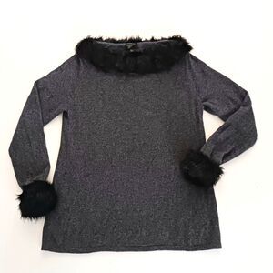 Charter Club 100% Cashmere Gray Tunic Sweater Blk Faux Fur Neckline & Cuffs Sz M